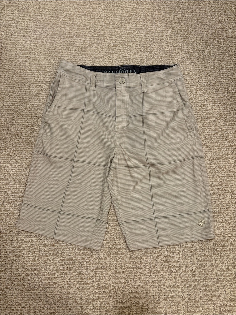 Hang Ten Men’s Light Khaki Plaid Flat Front Shorts